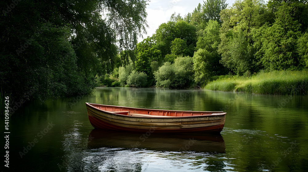 Obraz premium Wooden Rowboat On Calm River In Forest
