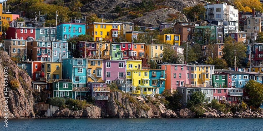 This image depicts vibrant houses on a rocky slope near water, ideal for travel or coastal-themed design. Symbolizing harmony between human habitation and nature This image depicts vibrant houses on a rocky slope near water, ideal for travel or coastal-themed design. Symbolizing harmony between human habitation and nature