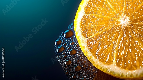 Close-up of a fresh lemon slice with droplets, highlighting its vibrant color and texture
