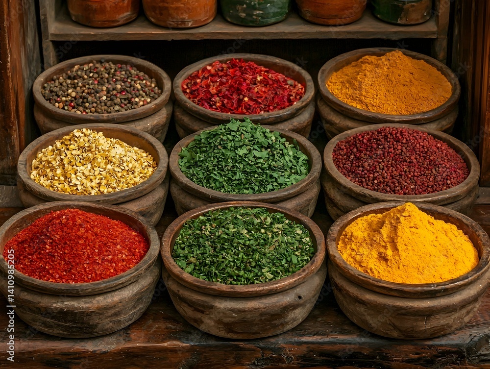 A collection of colorful spices in rustic wooden bowls at a market. Vibrant hues and textures create a visually appealing scene. A collection of colorful spices in rustic wooden bowls at a market. Vibrant hues and textures create a visually appealing scene.