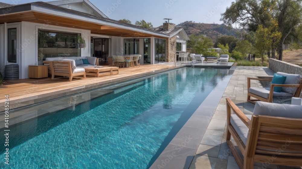 Fototapeta premium Luxury pool deck with teak furniture and seamless edge 