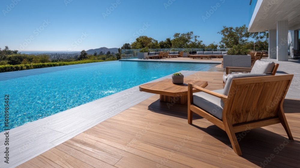Fototapeta premium Luxury pool deck with teak furniture and seamless edge