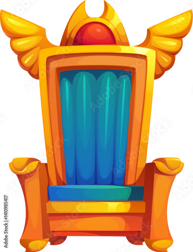 Majestic throne ancient Egypt game icon, Egyptian treasure asset. Cartoon vector luxurious royal seat adorned with golden details, blue cushioning and winged decorations, topped with a glowing red gem