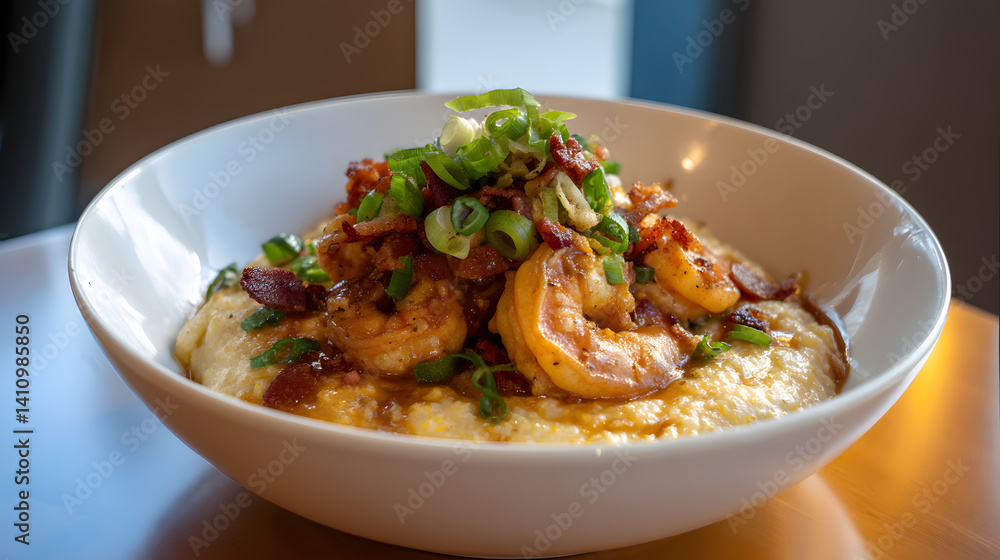 Creamy Southern Cuisine Dish with Shrimp, Bacon, and Green Onions in Modern Presentation Creamy Southern Cuisine Dish with Shrimp, Bacon, and Green Onions in Modern Presentation