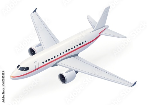 Airliner Taking Off: A white commercial airplane with red stripes sits on the runway with wheels down. The large aircraft has a distinctive and sleek modern design and is ready for takeoff.