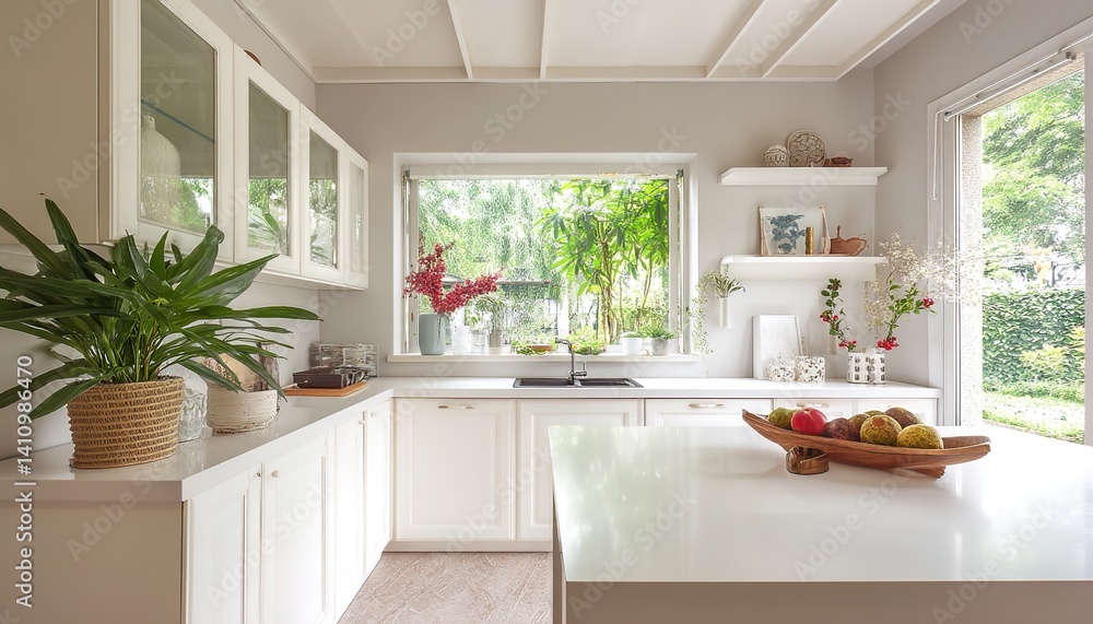 A bright white kitchen with large windows and plants embodies modern minimalism. Ideal for home design or culinary content, it promotes cleanliness, natural light, and eco-conscious living A bright white kitchen with large windows and plants embodies modern minimalism. Ideal for home design or culinary content, it promotes cleanliness, natural light, and eco-conscious living
