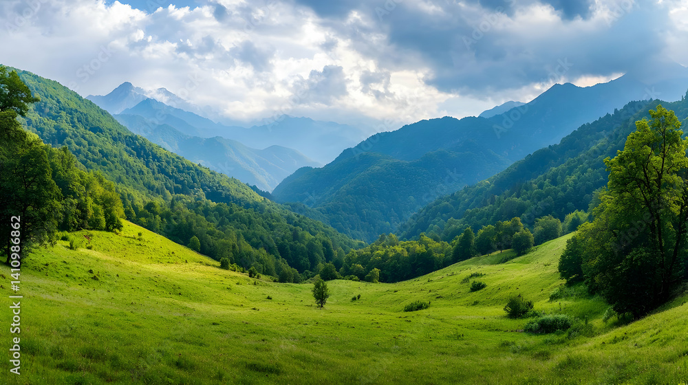 Fototapeta premium Panorama Of Lush Green Valley With Mountains