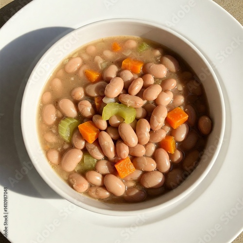 Top view of a plate with beans, broth and some vegetable.