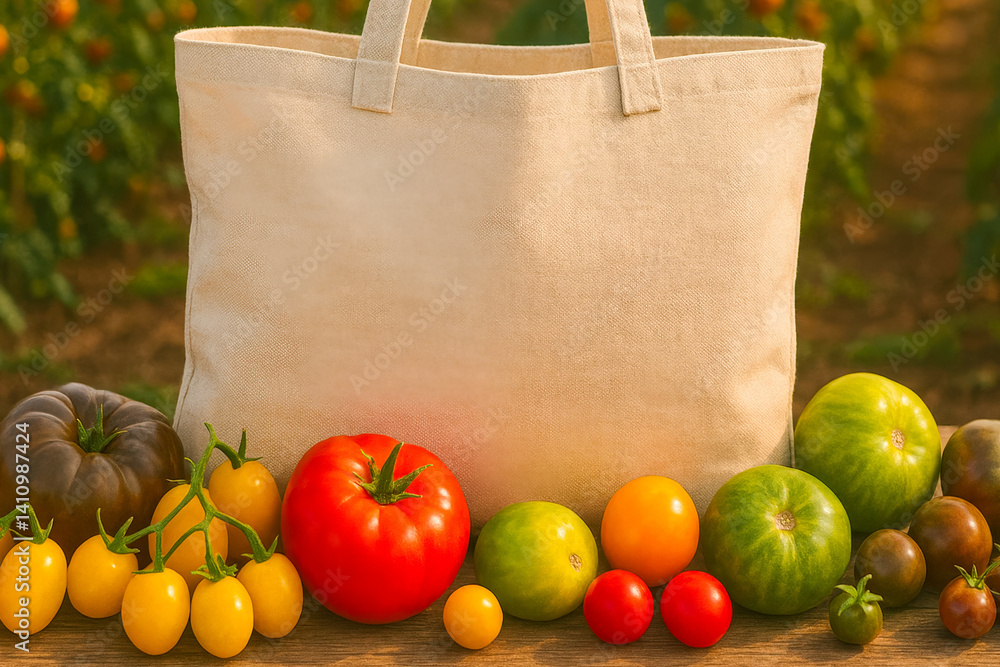 Freshly harvested vegetables arranged beside a reusable bag in a vibrant field during sunset