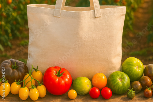 Obraz na płótnie Freshly harvested vegetables arranged beside a reusable bag in a vibrant field during sunset w salonie