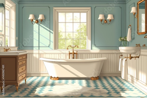 Luxurious Spa-Inspired Bathroom. Vintage Style and Modern Design with Blue Walls and Natural Light