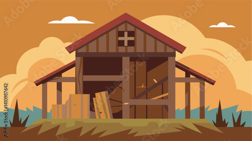The broken beams and rotting wood of the granary reflected the fragility of our food system and the need for regulated consumption.. Vector illustration