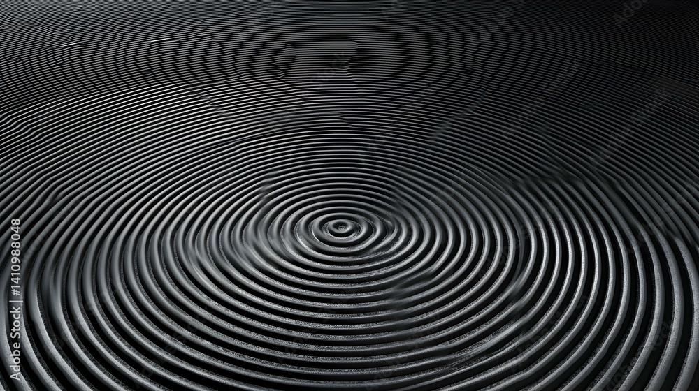 Abstract concentric circles, dark grey, textured surface, ripple effect, 3D rendering. Abstract concentric circles, dark grey, textured surface, ripple effect, 3D rendering.