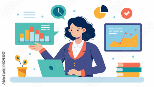 A teacher reviews realtime data from a behavioral tracking system to identify potential issues and adapt her teaching strategies to better support her students.. Vector illustration