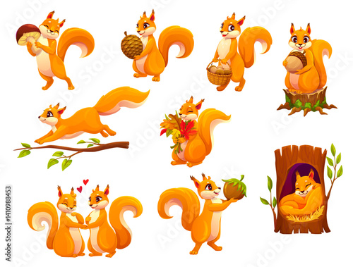 Cartoon squirrel animal characters set. Cute forest animal vector personages with nuts, mushroom, pine cone and acorns in basket. Cartoon red squirrels running on tree branch and sleeping in hollow