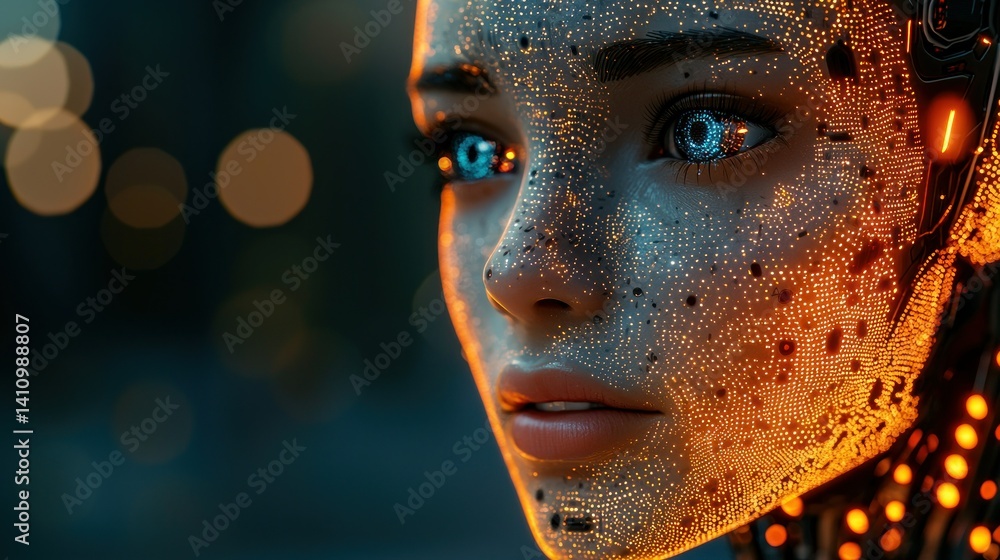 Robotic female face with intricate circuit patterns and bright blue eyes Robotic female face with intricate circuit patterns and bright blue eyes