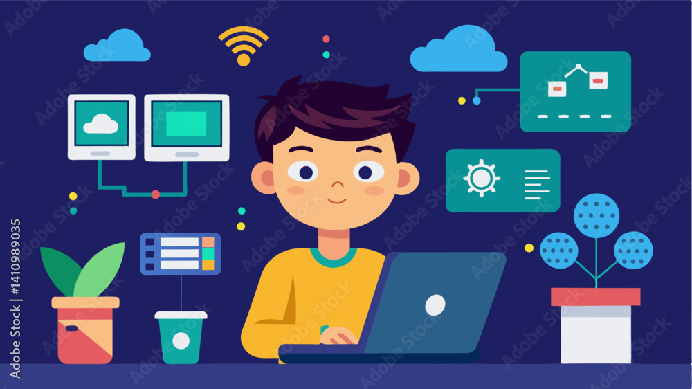 A boy using his coding skills to develop an app for the smart home project allowing for remote control and monitoring of all smart devices.. Vector illustration A boy using his coding skills to develop an app for the smart home project allowing for remote control and monitoring of all smart devices.. Vector illustration