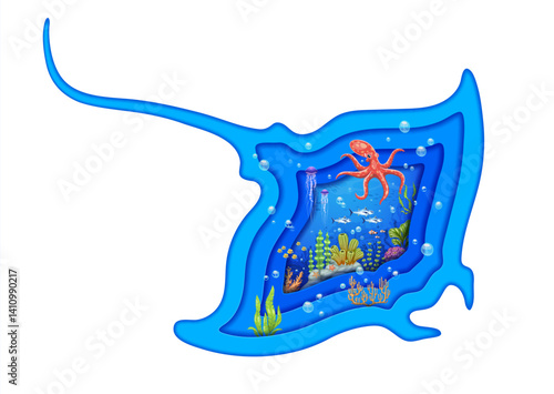 Manta ray paper cut silhouette with underwater landscape and fishes, vector background. Ocean undersea or sea underwater with paper cut stingray or manta ray, cartoon octopus and tuna in seaweeds