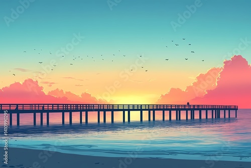 Serene Ocean Pier Sunset. Vibrant Coastal Landscape with Soft Waves and Colorful Clouds
