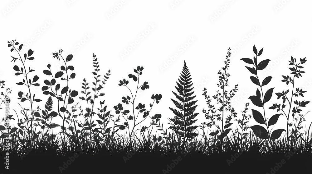 Obraz premium Organic Botanical Silhouette. Nature's Minimalistic Foliage in Black and White Vector Design