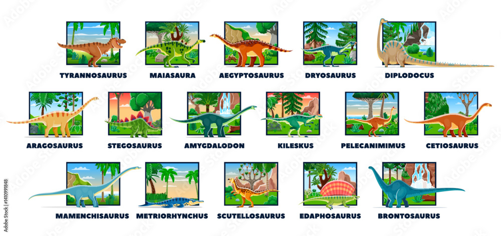 Fototapeta premium Prehistoric dinosaurs and cartoon lizards species with names, vector paleontology animals collection. Prehistoric dinosaurs, giant reptiles and lizards set of Jurassic, Mesozoic and Cretaceous era