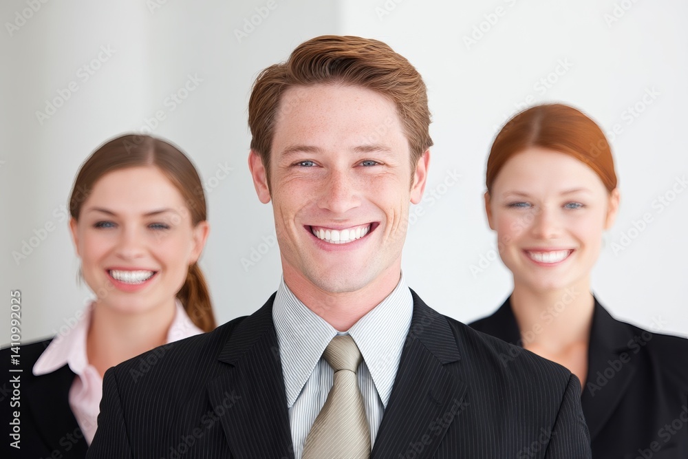Three smiling business professionals are posing together in a studio setting, looking happy and confident. Three smiling business professionals are posing together in a studio setting, looking happy and confident.