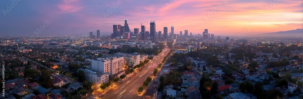 Fototapeta premium A sunset cityscape with skyscrapers and traffic symbolizes urban vitality. Ideal for travel guides or architectural portfolios, it merges natural beauty with human innovation