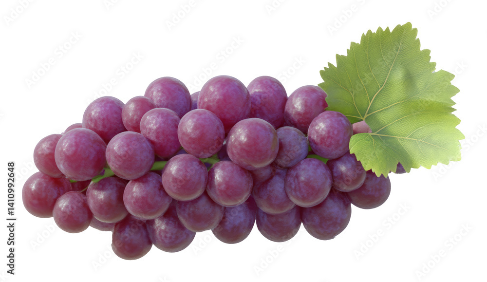 Fototapeta premium Cluster of red grapes with green leaf on transparent background, fresh fruit concept