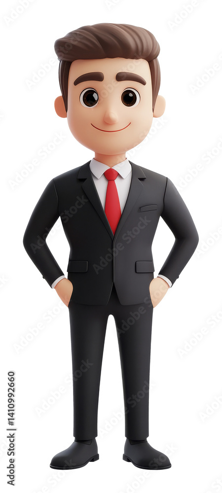 3d cartoon smiling man in business suit with red tie and hands in pockets