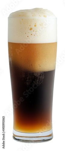 Tall glass of dark beer with frothy head, isolated on a transparent background. Refreshing drink concept