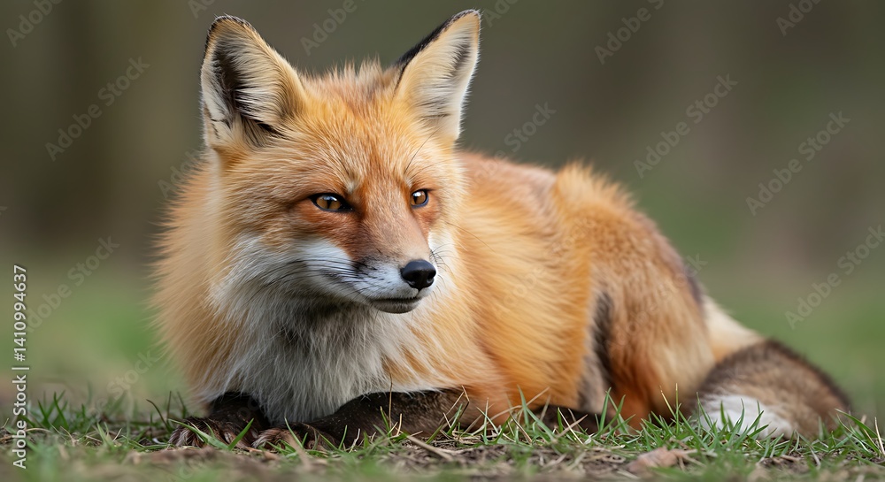 Fototapeta premium Red Fox Resting in Green Grass, Closeup Portrait