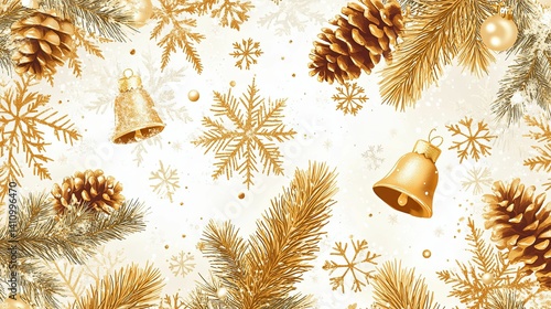 A festive gold christmas pattern with pine cones, snowflakes, and bells.