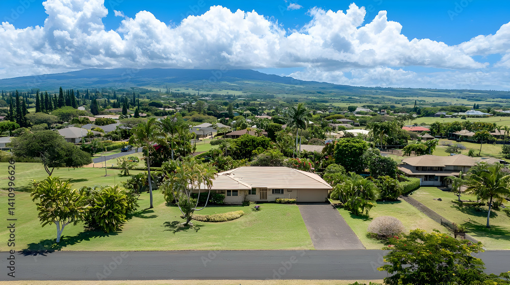 Panoramic View Of A House With Lush Green Grass And Mountains In Rural Area Panoramic View Of A House With Lush Green Grass And Mountains In Rural Area