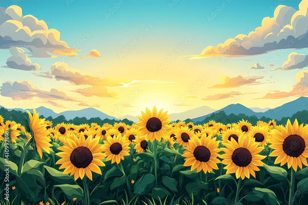 Fototapeta premium Sunflower Field Landscape at Sunset - Nature's Vibrant Beauty in Bloom