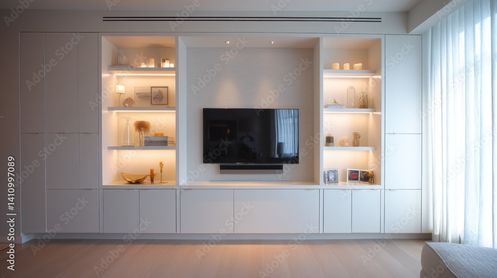 Minimal media wall with integrated storage and lighting Minimal media wall with integrated storage and lighting