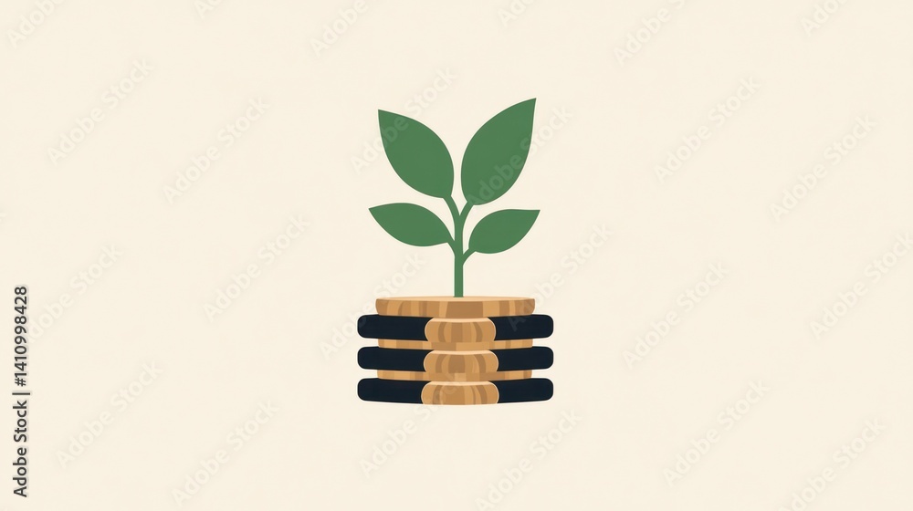Small plant growing from stack of coins, symbol of financial growth Small plant growing from stack of coins, symbol of financial growth
