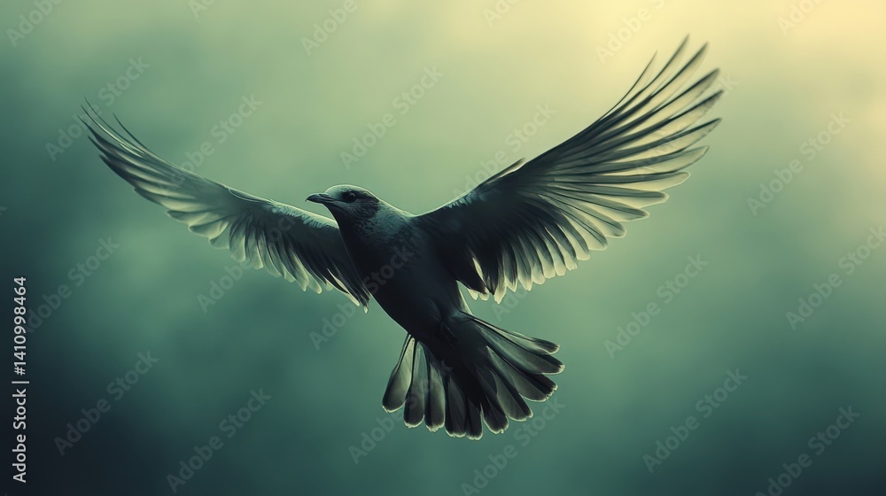 Fototapeta premium A solitary bird soars gracefully against a canvas of muted, teal-tinged sky