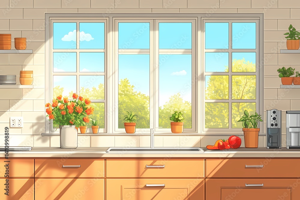 Fototapeta premium Urban Kitchen Interior Design. Bright & Colorful Decor with Natural Light and Vibrant Plant Detailing