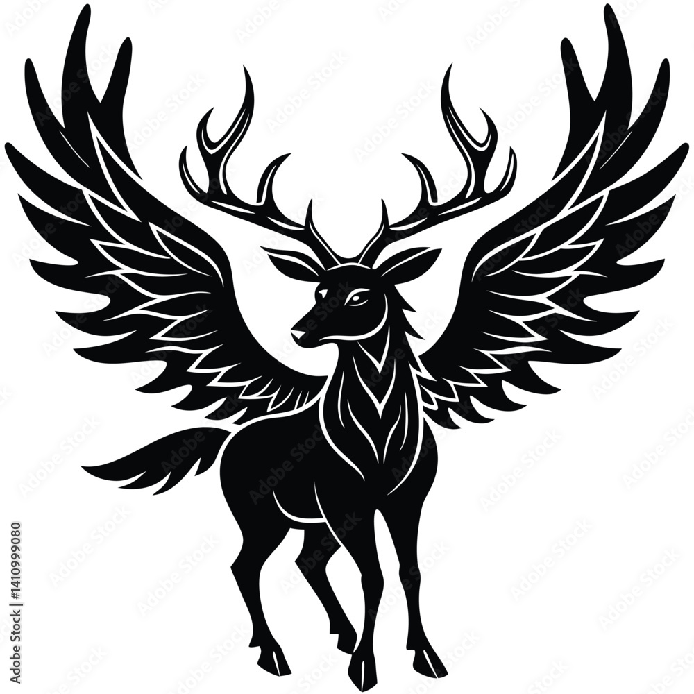 Fototapeta premium Majestic Winged Stag Silhouette Mythical Fantasy Deer Art Vector 