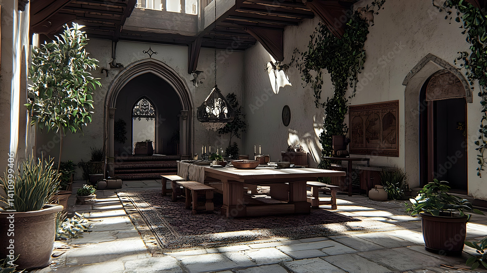 Fototapeta premium Medieval Interior Courtyard Dining Hall