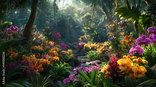 Wallpaper Mural Lush colorful flowering jungle scene with a gentle stream of water Torontodigital.ca