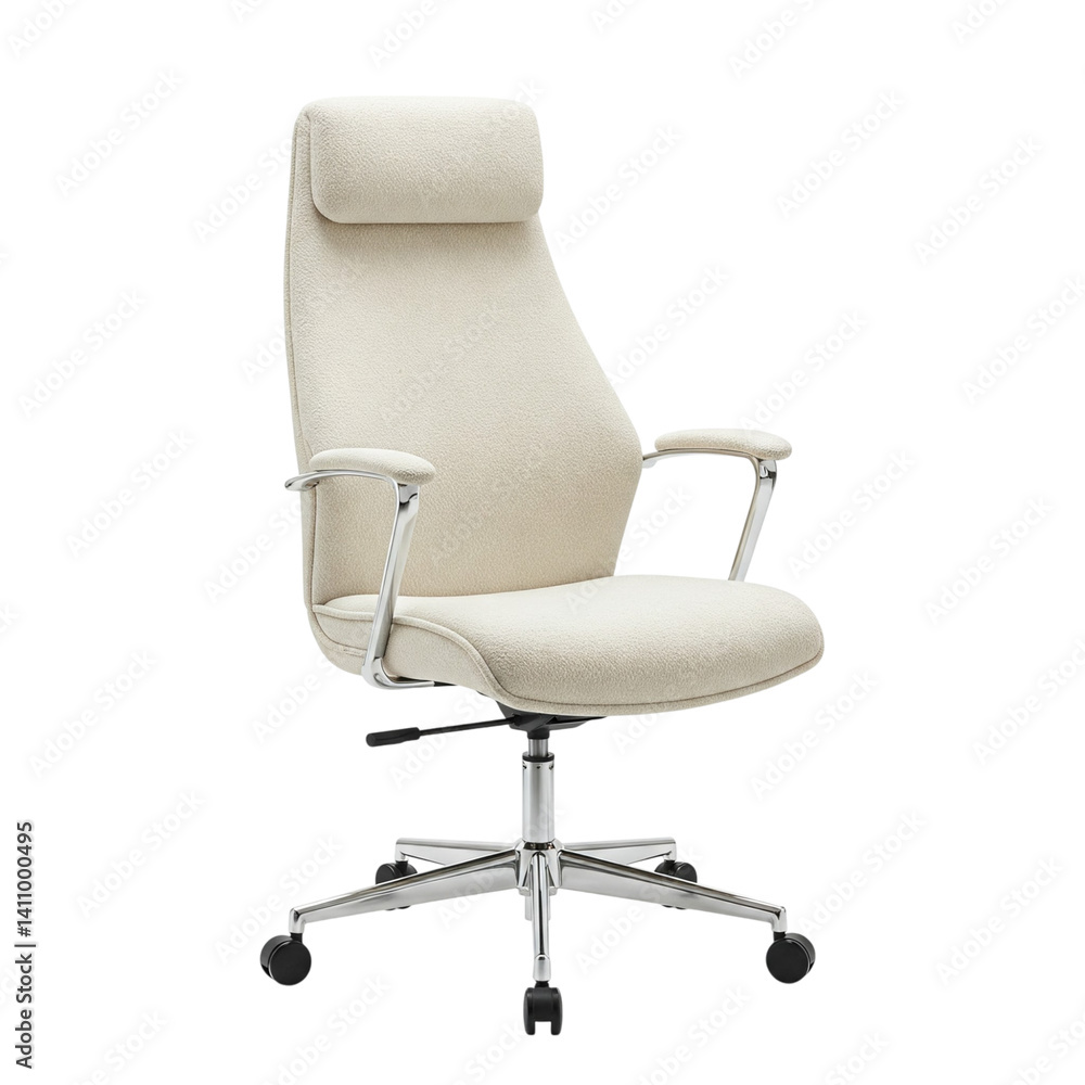 Luxurious cream office chair promising comfort and style, featuring a plush high-back design and sleek chrome base. Luxurious cream office chair promising comfort and style, featuring a plush high-back design and sleek chrome base.