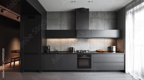 Obraz na płótnie Minimalist kitchen with sleek cabinetry, hidden appliances, and a monochrome, clutter-free design. w salonie