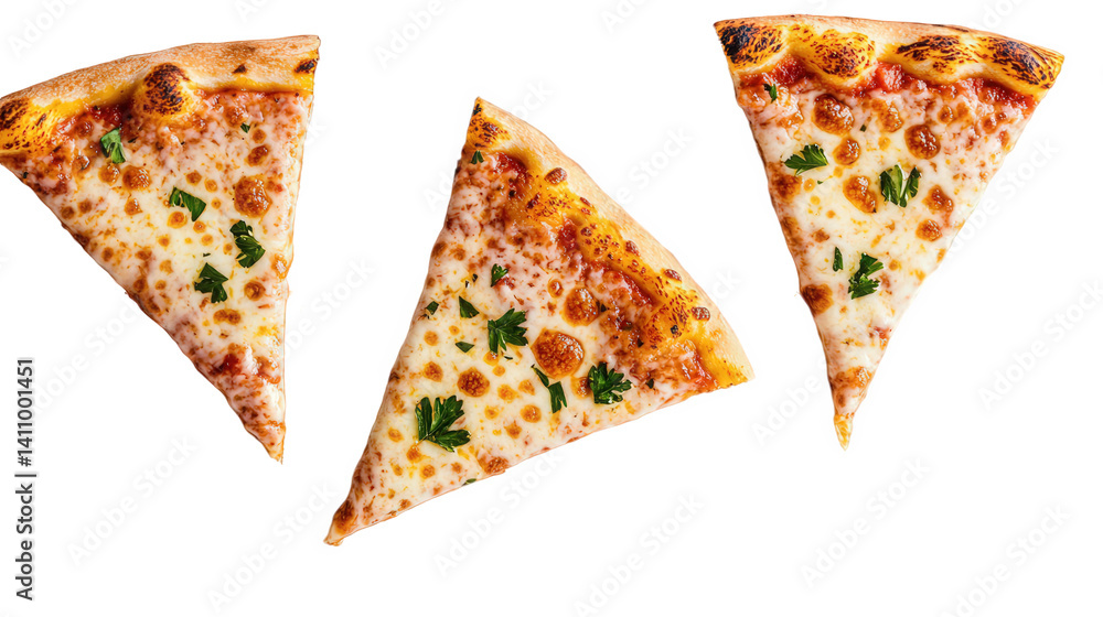 Delicious slices of cheese pizza arranged artfully against a plain background, showcasing melted cheese and fresh parsley, perfect for a casual meal or gathering Delicious slices of cheese pizza arranged artfully against a plain background, showcasing melted cheese and fresh parsley, perfect for a casual meal or gathering