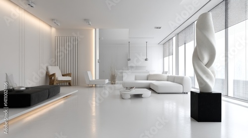 Minimalist monochrome living space with accent sculpture 