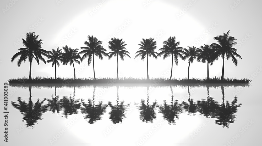 Tranquil Black and White Palm Tree Silhouette Reflection. Tropical Coastal Paradise with Serene Landscapes and Minimalist Aesthetics Tranquil Black and White Palm Tree Silhouette Reflection. Tropical Coastal Paradise with Serene Landscapes and Minimalist Aesthetics