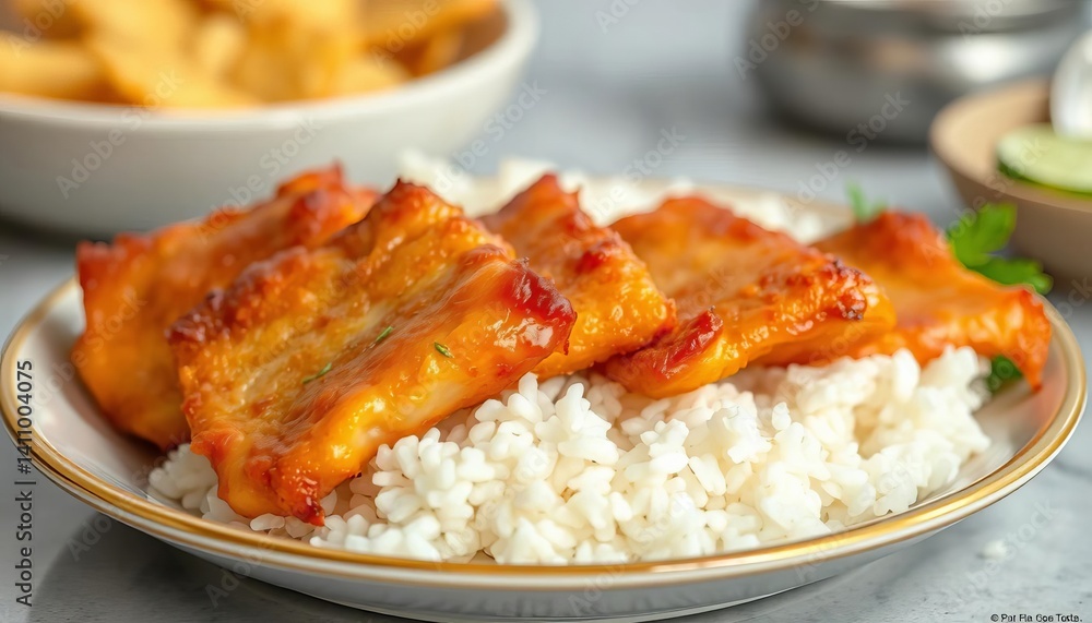 Golden-brown crispy lechon kawali slices served with fluffy white rice, comfort food, high quality Golden-brown crispy lechon kawali slices served with fluffy white rice, comfort food, high quality
