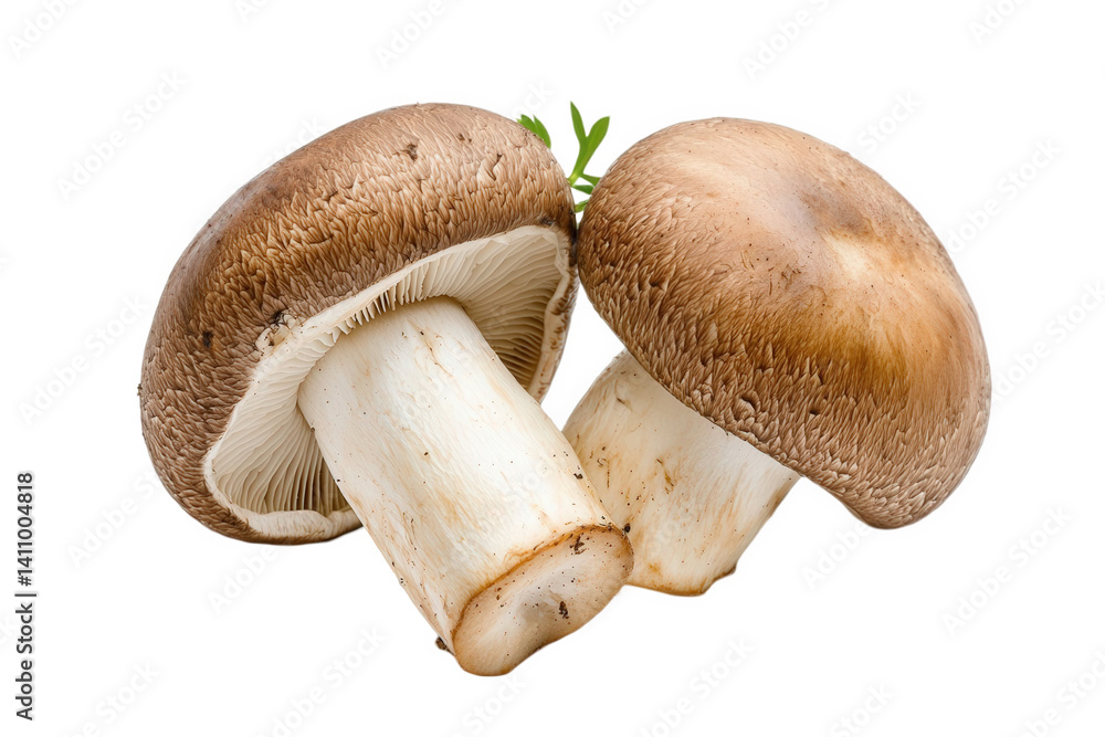 Two fresh brown mushrooms displayed on a clean surface, showcasing their smooth caps and firm stems, ready for culinary use in various dishes and recipes Two fresh brown mushrooms displayed on a clean surface, showcasing their smooth caps and firm stems, ready for culinary use in various dishes and recipes