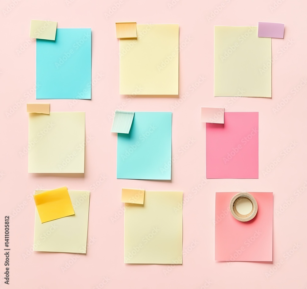 Colorful sticky notes arranged on pink background with tape. Colorful sticky notes arranged on pink background with tape.
