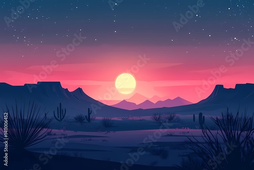 Desert Sunset Landscape with Mountain Silhouette - Tranquil Nature Scenery in Vibrant Warm Colors and Blue Tones. Artistic Twilight Illustration